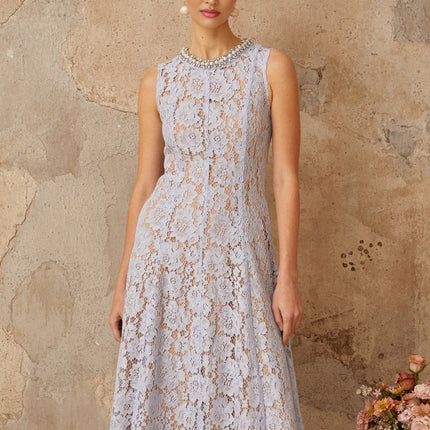 Isabella Blue Lace Crystal Embellished Midi Dress