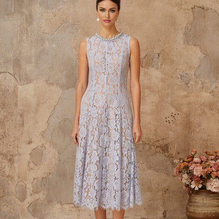 Isabella Blue Lace Crystal Embellished Midi Dress