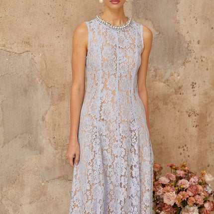 Isabella Blue Lace Crystal Midi Dress