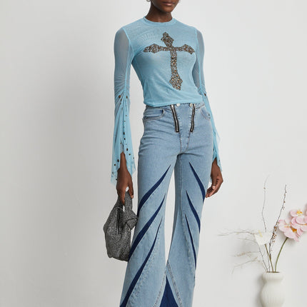 Isabella Light Blue Sheer Stud Embellished Top