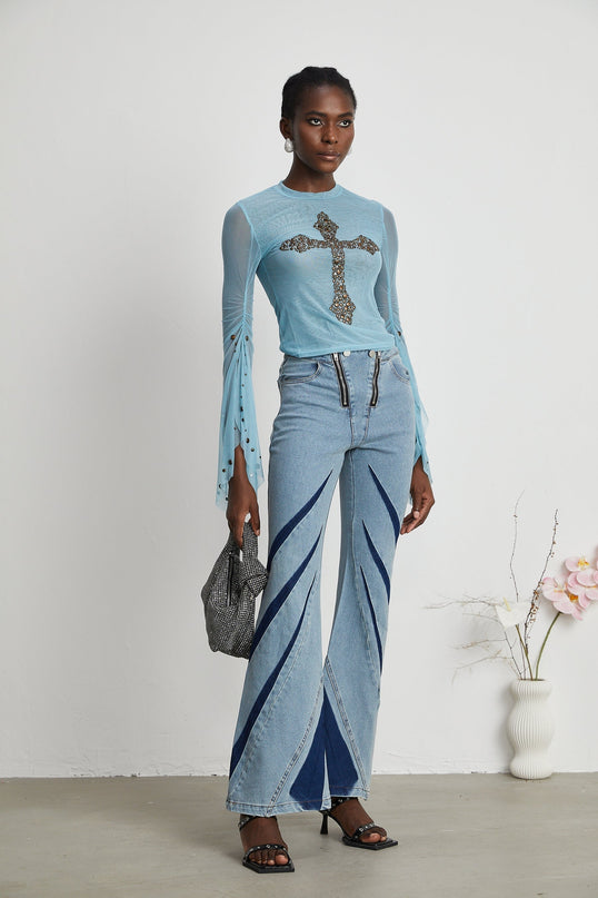 Isabella Light Blue Sheer Stud Embellished Top