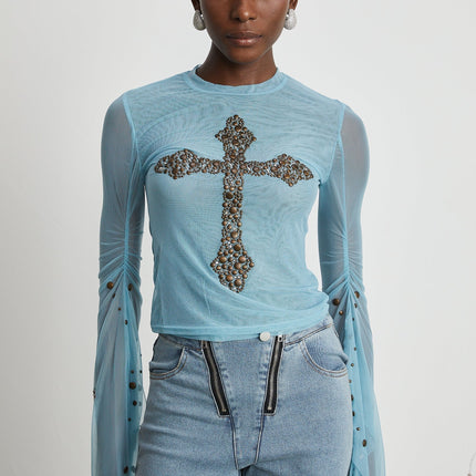 Isabella Light Blue Stud Embellished Sheer Top with Slit Flare Sleeves
