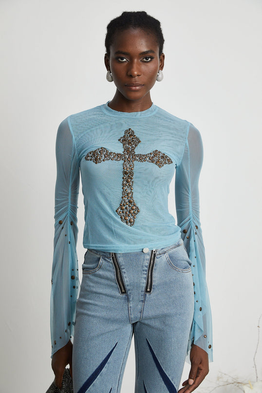 Isabella Light Blue Stud Embellished Sheer Top with Slit Flare Sleeves