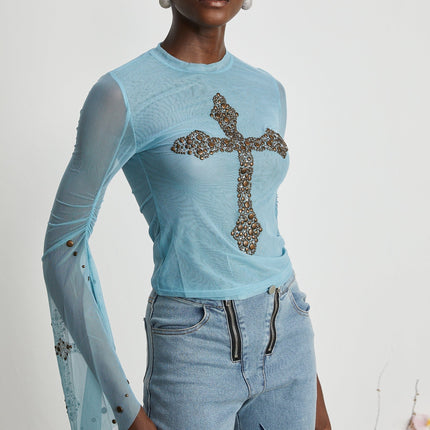 Isabella Light Blue Stud Embellished Sheer Top with Slit Flare Sleeves
