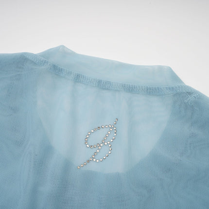 Isabella Light Blue Stud Embellished Sheer Top with Slit Flare Sleeves