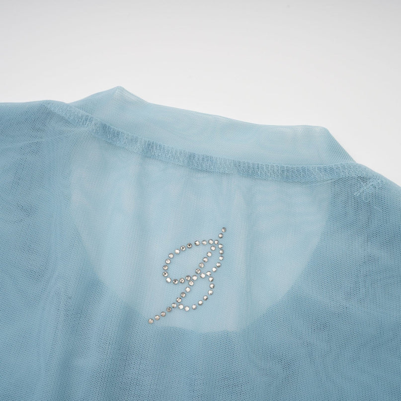 Isabella Light Blue Stud Embellished Sheer Top with Slit Flare Sleeves