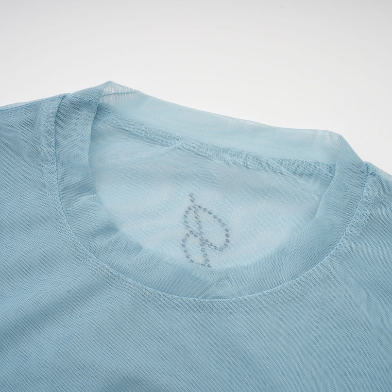 Isabella Light Blue Stud Embellished Sheer Top with Slit Flare Sleeves