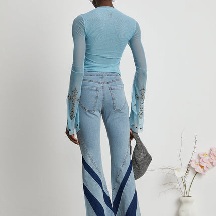 Isabella Light Blue Stud Embellished Sheer Top
