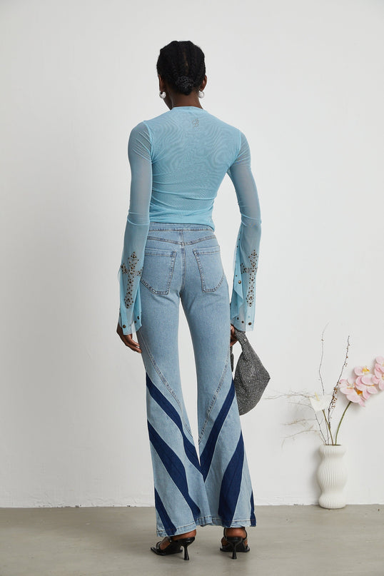 Isabella Light Blue Stud Embellished Sheer Top