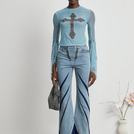 Isabella Light Blue Stud Embellished Sheer Top