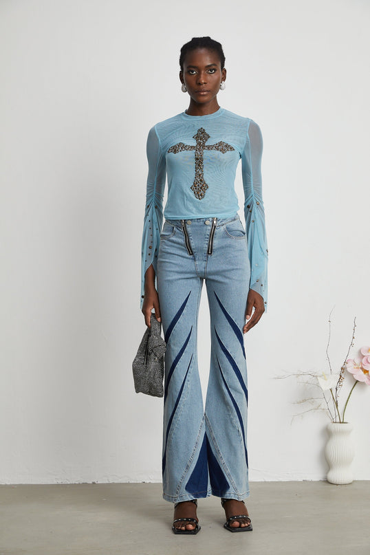 Isabella Light Blue Stud Embellished Sheer Top