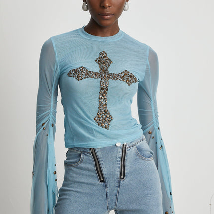 Isabella Light Blue Stud Embellished Top with Slit Flare Sleeves