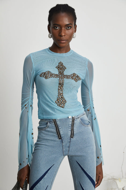 Isabella Light Blue Stud Embellished Top with Slit Flare Sleeves