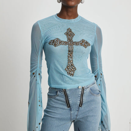 Isabella Light Blue Stud Embellished Top with Slit Flare Sleeves