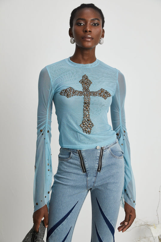 Isabella Light Blue Stud Embellished Top with Slit Flare Sleeves