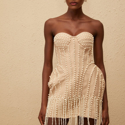Isabella Mini Dress Neutrals Fringed Faux-Pearl Embellishments Boned Bodice Puff Skirt Sleeveless Rear Zip Fastening Terylene Fiber