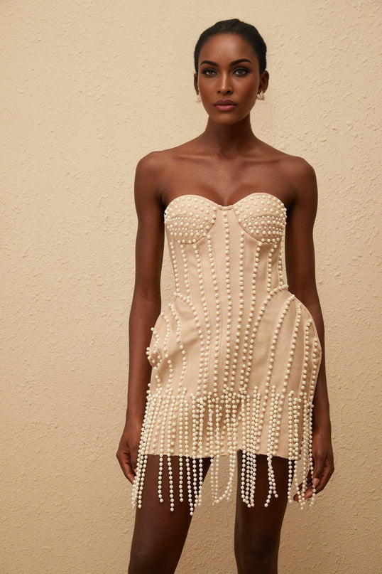 Isabella Mini Dress Neutrals Fringed Faux-Pearl Embellishments Boned Bodice Puff Skirt Sleeveless Rear Zip Fastening Terylene Fiber