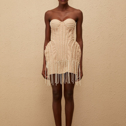 Isabella Neutrals Fringed Faux-Pearl Mini Dress
