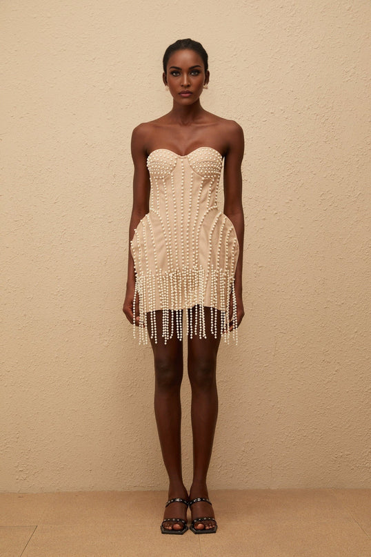 Isabella Neutrals Fringed Faux-Pearl Mini Dress