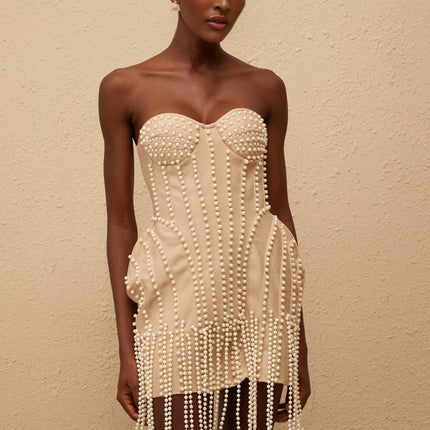 Isabella Neutrals Fringed Faux-Pearl Mini Dress