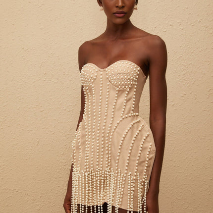 Isabella Neutrals Fringed Faux-Pearl Mini Dress