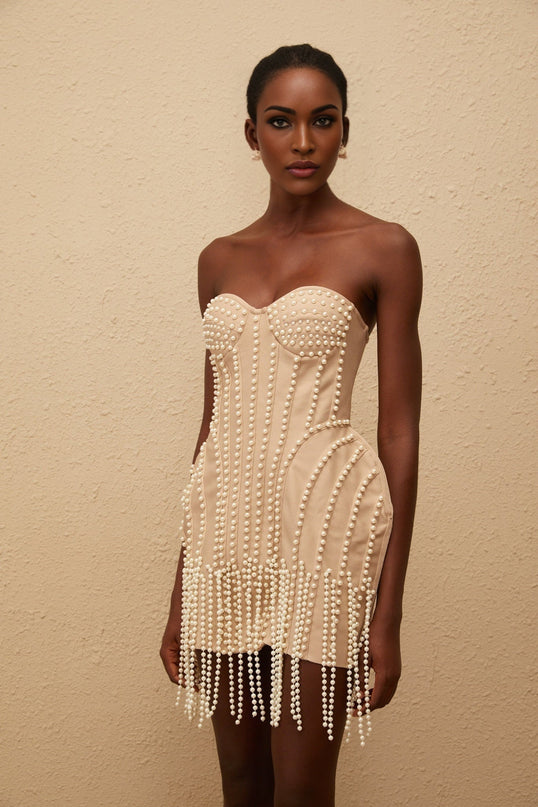 Isabella Neutrals Fringed Faux-Pearl Mini Dress