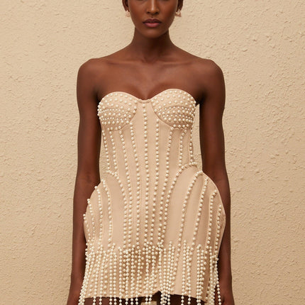 Isabella Neutrals Fringed Mini Dress with Faux-Pearl Embellishments