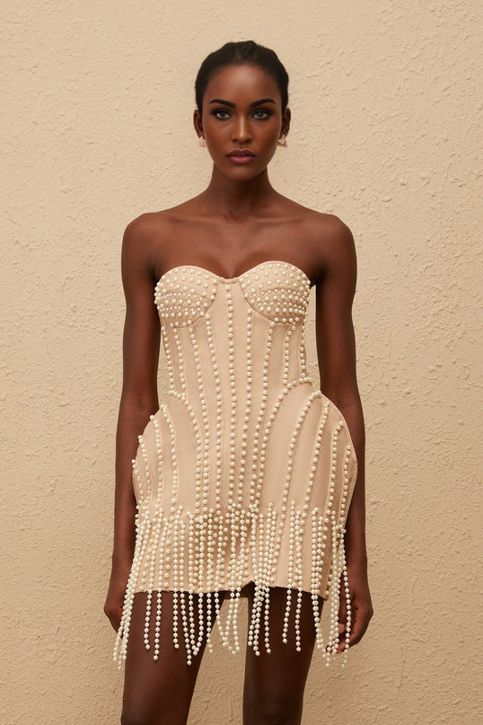 Isabella Neutrals Fringed Mini Dress with Faux-Pearl Embellishments