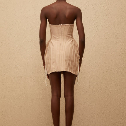 Isabella Neutrals Fringed Mini Dress with Faux-Pearl Embellishments