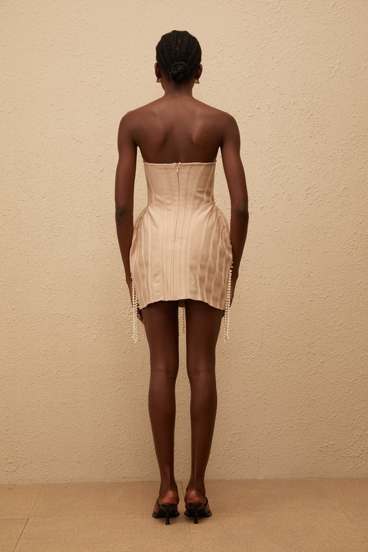 Isabella Neutrals Fringed Mini Dress with Faux-Pearl Embellishments