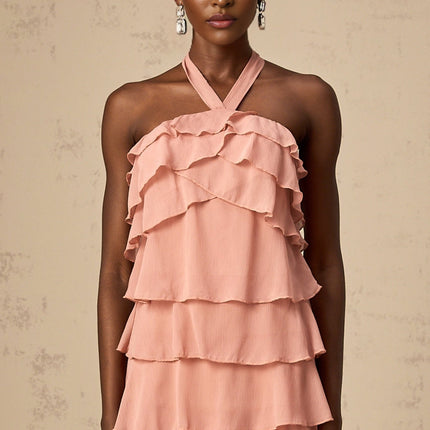 Isabella Pink Mini Dress with Halterneck and Ruffled Detailing