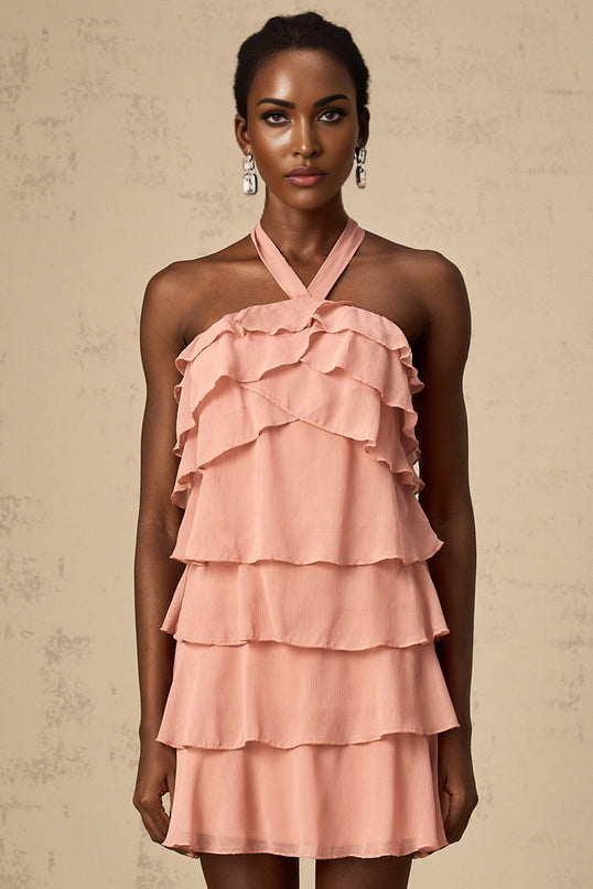 Isabella Pink Mini Dress with Halterneck and Ruffled Detailing