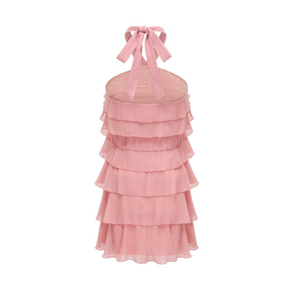Isabella Pink Ruffled Halterneck Mini Dress 100% Rayon Tiered Design Side Zip Fastening