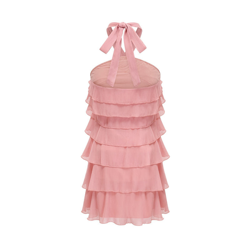 Isabella Pink Ruffled Halterneck Mini Dress 100% Rayon Tiered Design Side Zip Fastening