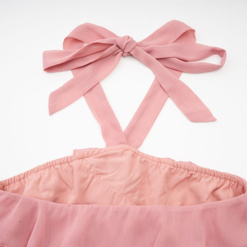 Isabella Pink Tiered Halterneck Mini Dress in Rayon with Ruffled Detailing