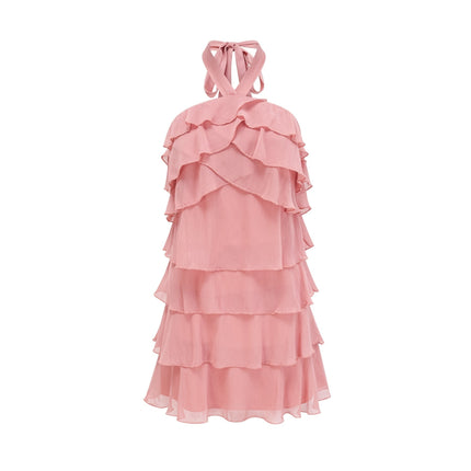 Isabella Pink Tiered Mini Dress with Halterneck and Ruffled Detailing