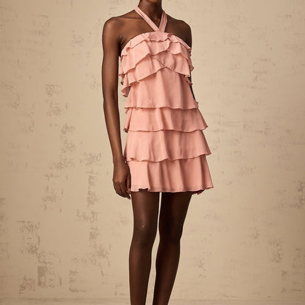 Isabella Pink Tiered Mini Dress 100% Rayon Halterneck Ruffled Detailing Sleeveless Side Zip Fastening