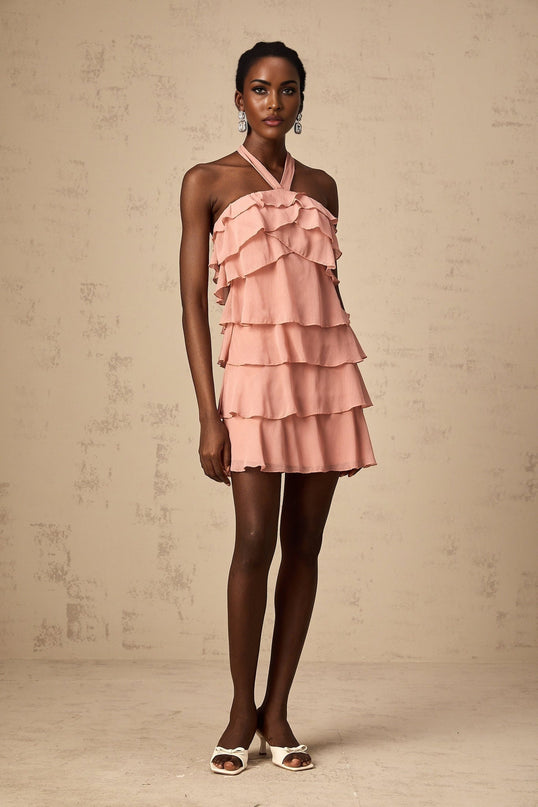 Isabella Pink Tiered Mini Dress 100% Rayon Halterneck Ruffled Detailing Sleeveless Side Zip Fastening