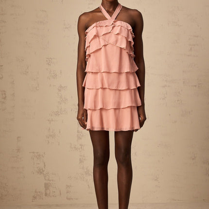Isabella Pink Tiered Mini Dress with Halterneck and Ruffled Detailing