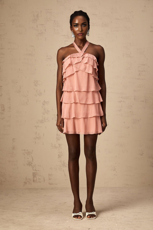 Isabella Pink Tiered Mini Dress with Halterneck and Ruffled Detailing