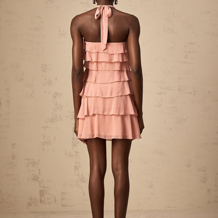 Isabella Pink Tiered Ruffled Halterneck Mini Dress