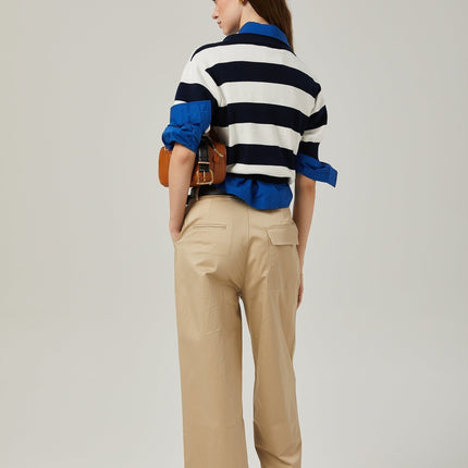 Isabella White Black Striped Block Shirt Chic Lapel Stripe Pattern Cotton Spandex Tailored Fit Short Sleeve Stretch Waist Casual Formal Elegant Luxury