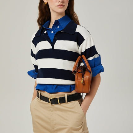 Isabella White Black Lapel Stripe Shirt Chic Striped Block