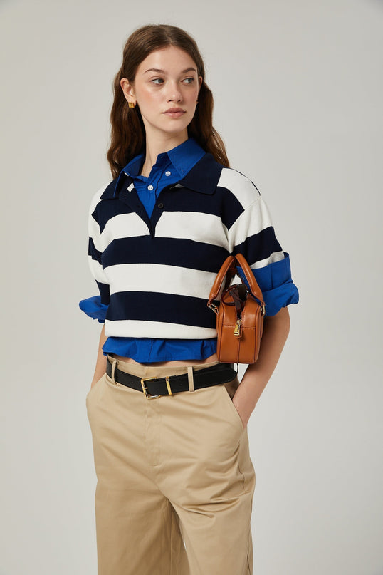 Isabella White Black Lapel Stripe Shirt Chic Striped Block