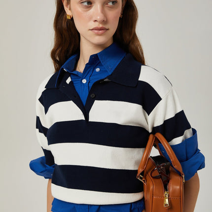 Isabella White Black Lapel Stripe Shirt Chic Striped Block