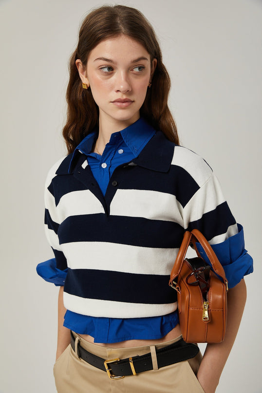 Isabella White Black Lapel Stripe Shirt Chic Striped Block