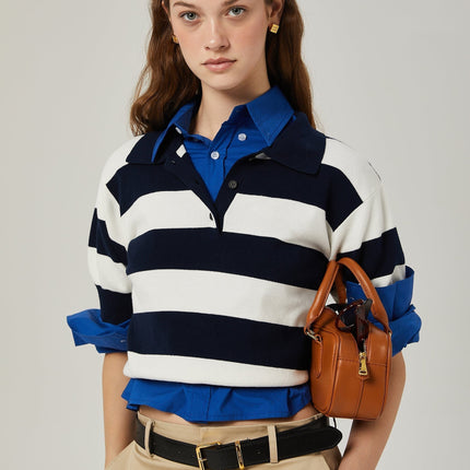 Isabella White Black Striped Block Shirt Chic Lapel Stripe Pattern Cotton Spandex Blend Tailored Fit Short Sleeve Stretch Waist Casual Formal Elegant Luxury