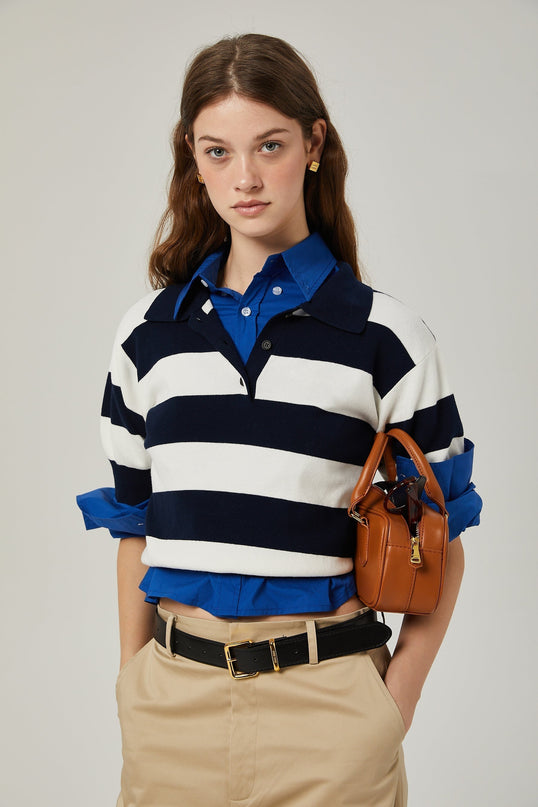 Isabella White Black Striped Block Shirt Chic Lapel Stripe Pattern Cotton Spandex Blend Tailored Fit Short Sleeve Stretch Waist Casual Formal Elegant Luxury