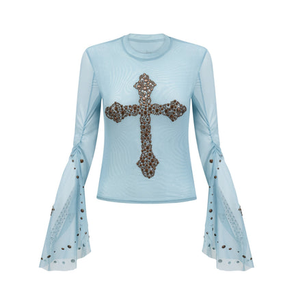 Isabella Top Light Blue Sheer Stud Embellished Blouse