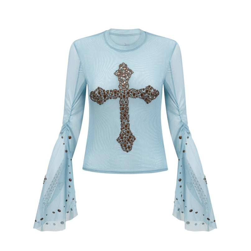 Isabella Top Light Blue Sheer Stud Embellished Blouse